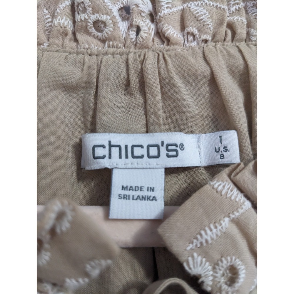 Chicos Tan Beige Cotton Eyelet Lace Tiered Midi Dress Womens Size 1 US 8 Boho - Picture 2 of 16